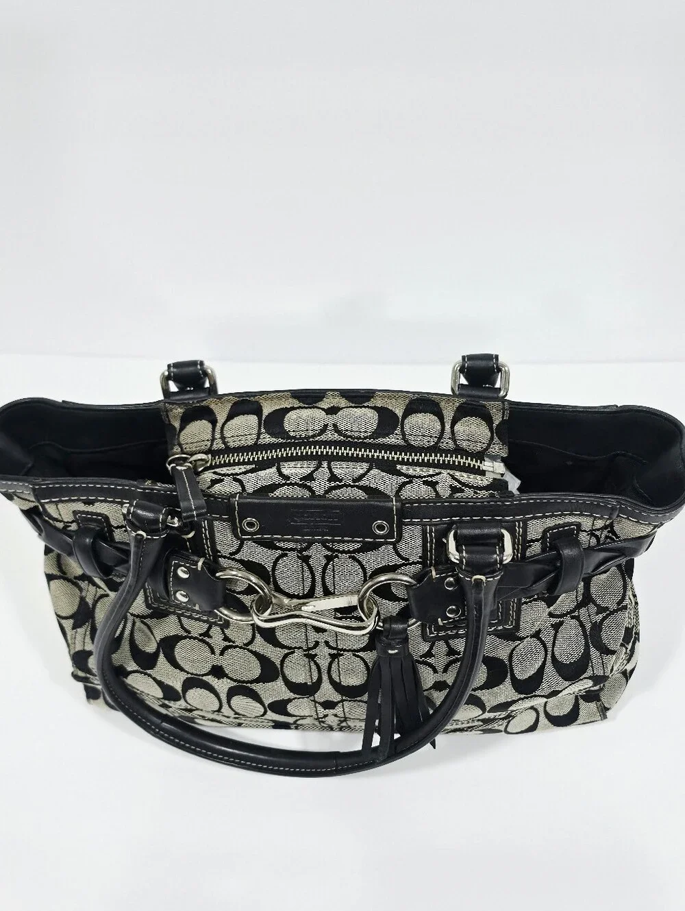Coach Signature Jacquard Tote Bag Black Ivory Leather Trim F15665